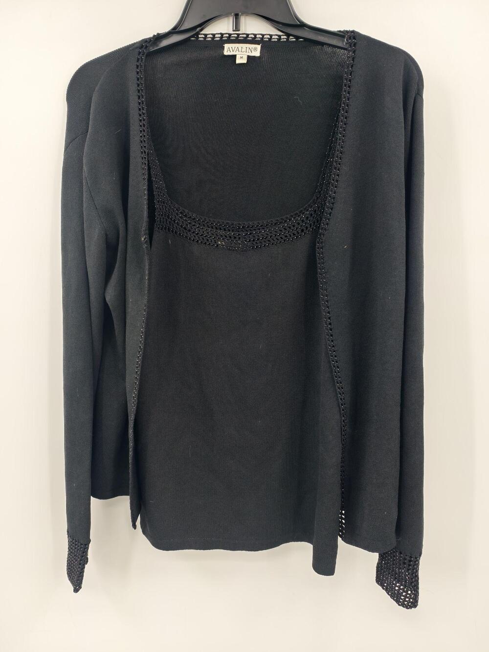 AVALIN Black Sweater Cardigan Womens M Open Lightweight Beaded Crochet Vintage